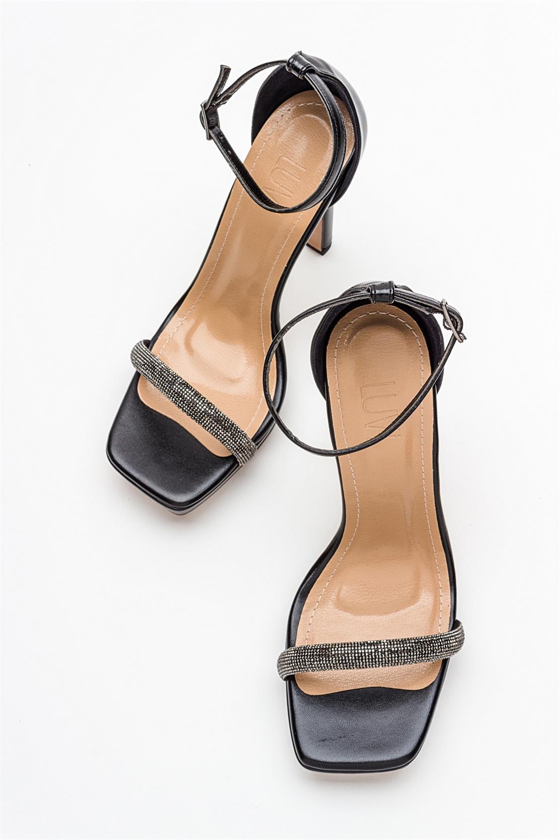 Unos - Black Stone-Embellished Single-Strap High-Heel Evening Shoe – heel view showing leather, black, Vowalisse
