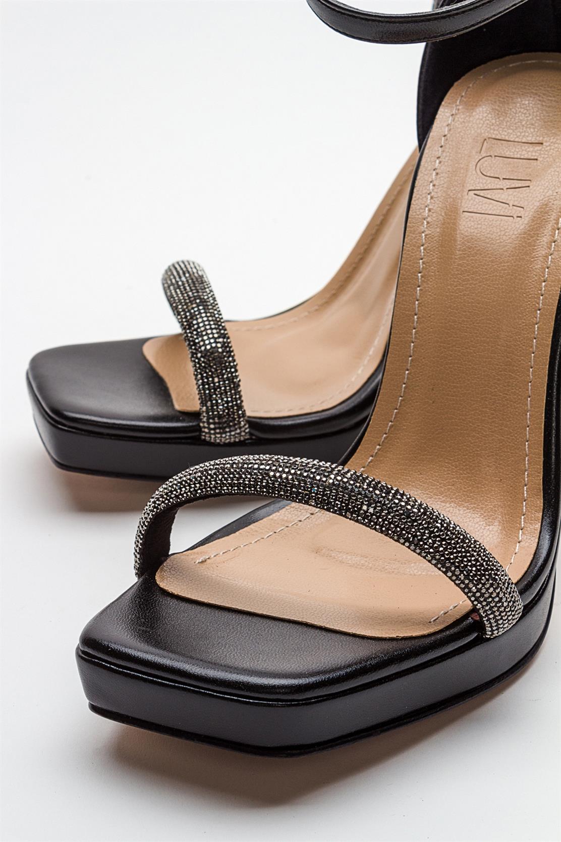 Unos - Black Stone-Embellished Single-Strap High-Heel Evening Shoe – back view showing leather, black, Vowalisse