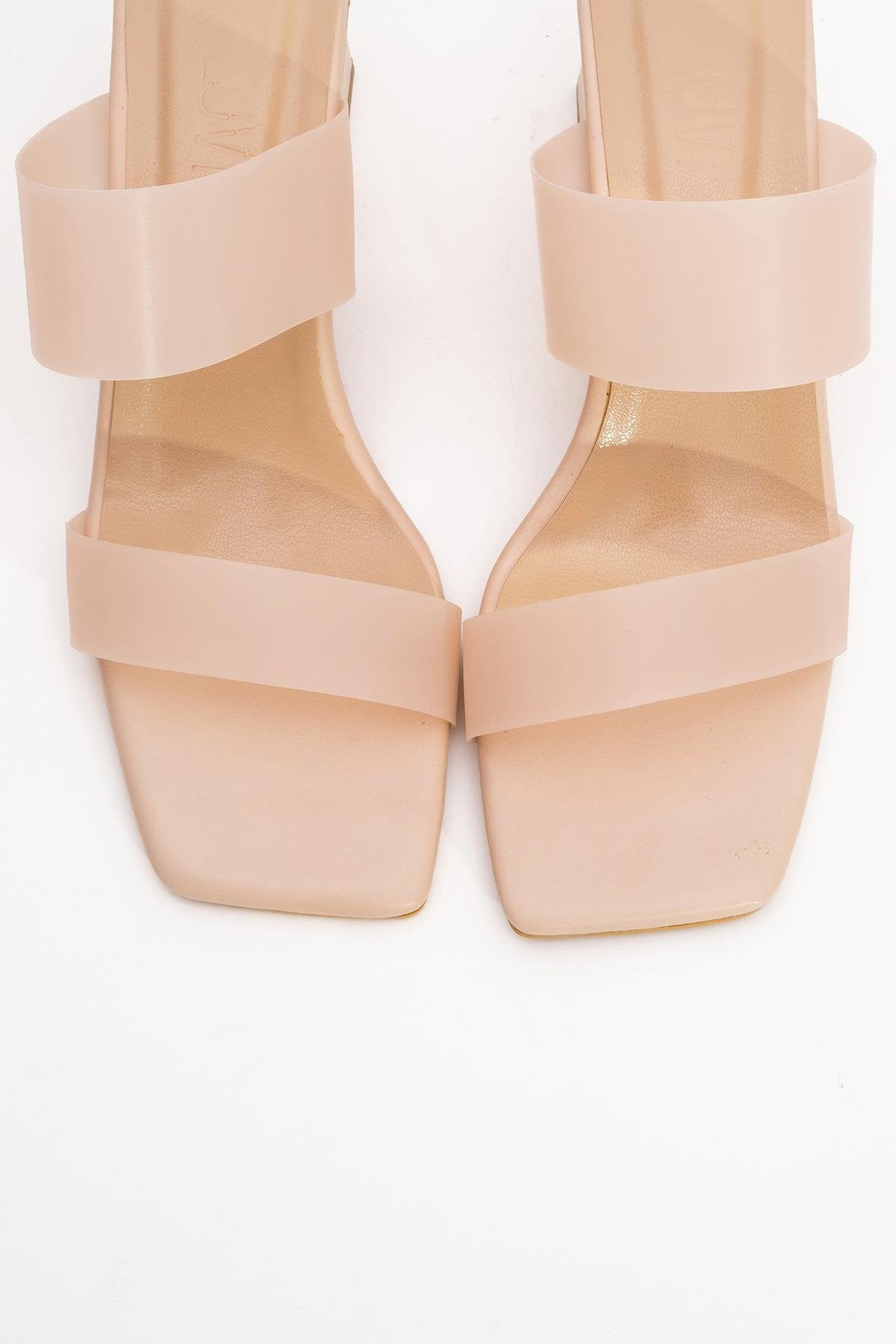 Elara Beige Transparent Strap Sandal – side view showing leather, Vowalisse