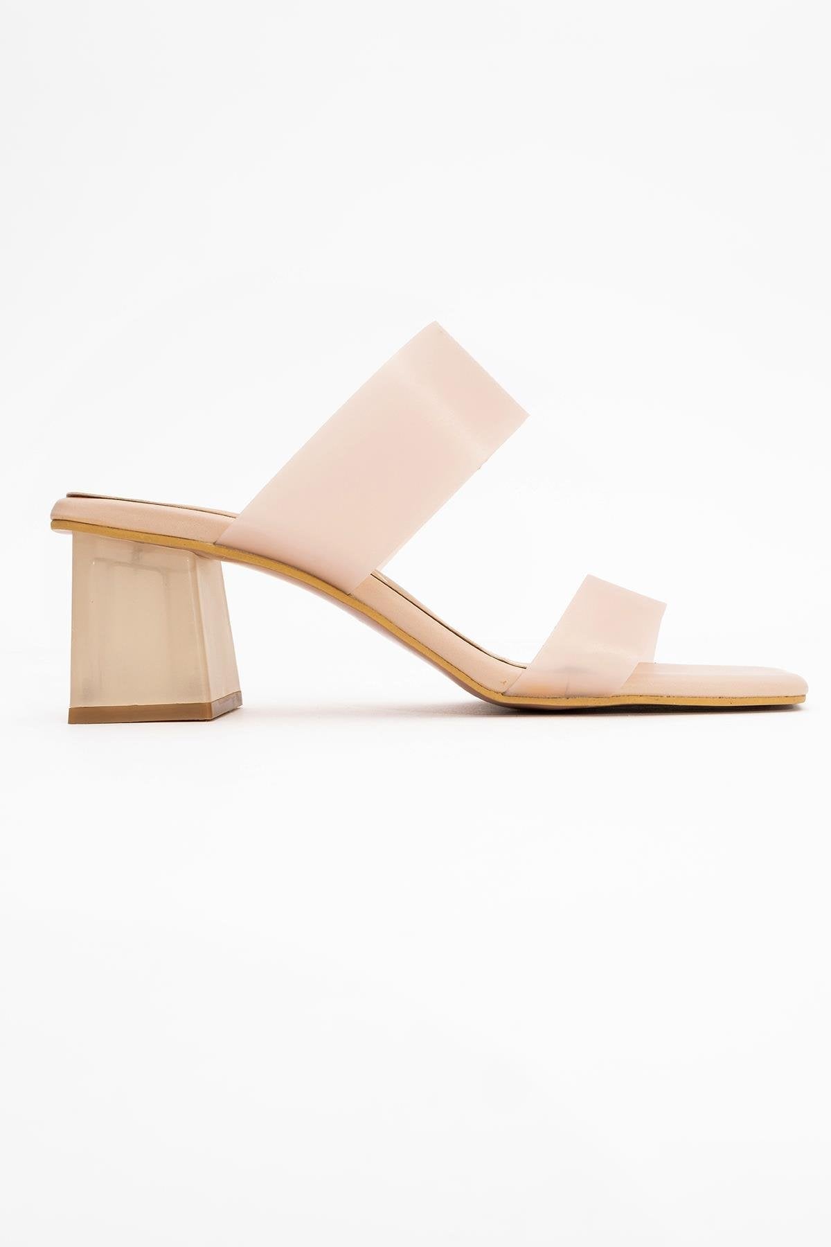 Elara Beige Transparent Strap Sandal – heel view showing leather, Vowalisse