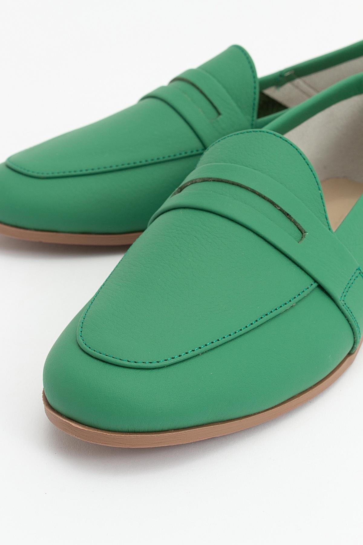 F05 - Green Genuine Leather Loafer – heel view showing leather, green, Vowalisse