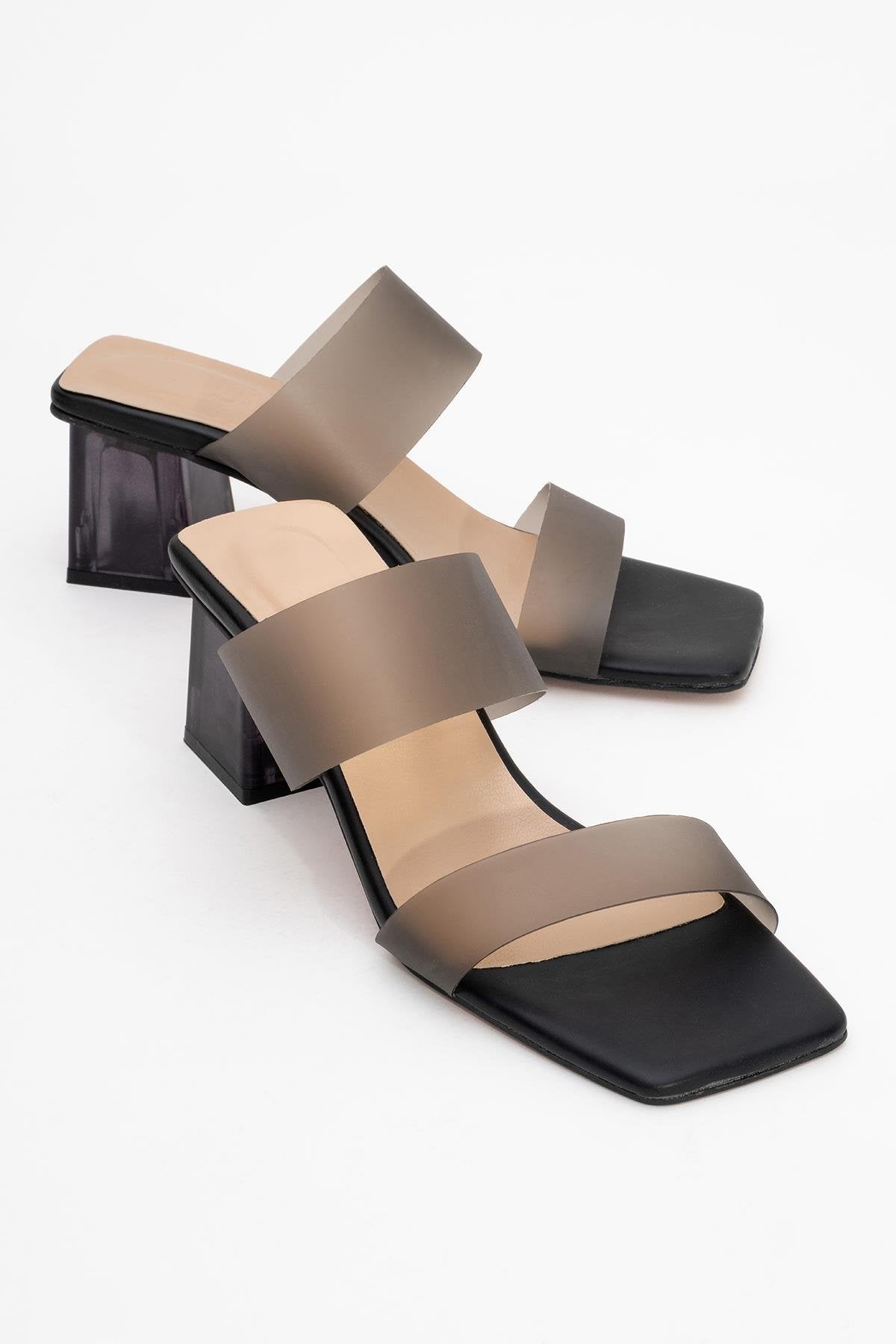 Elara Black Transparent Strap Sandal – front three-quarter view showing leather, black, Vowalisse