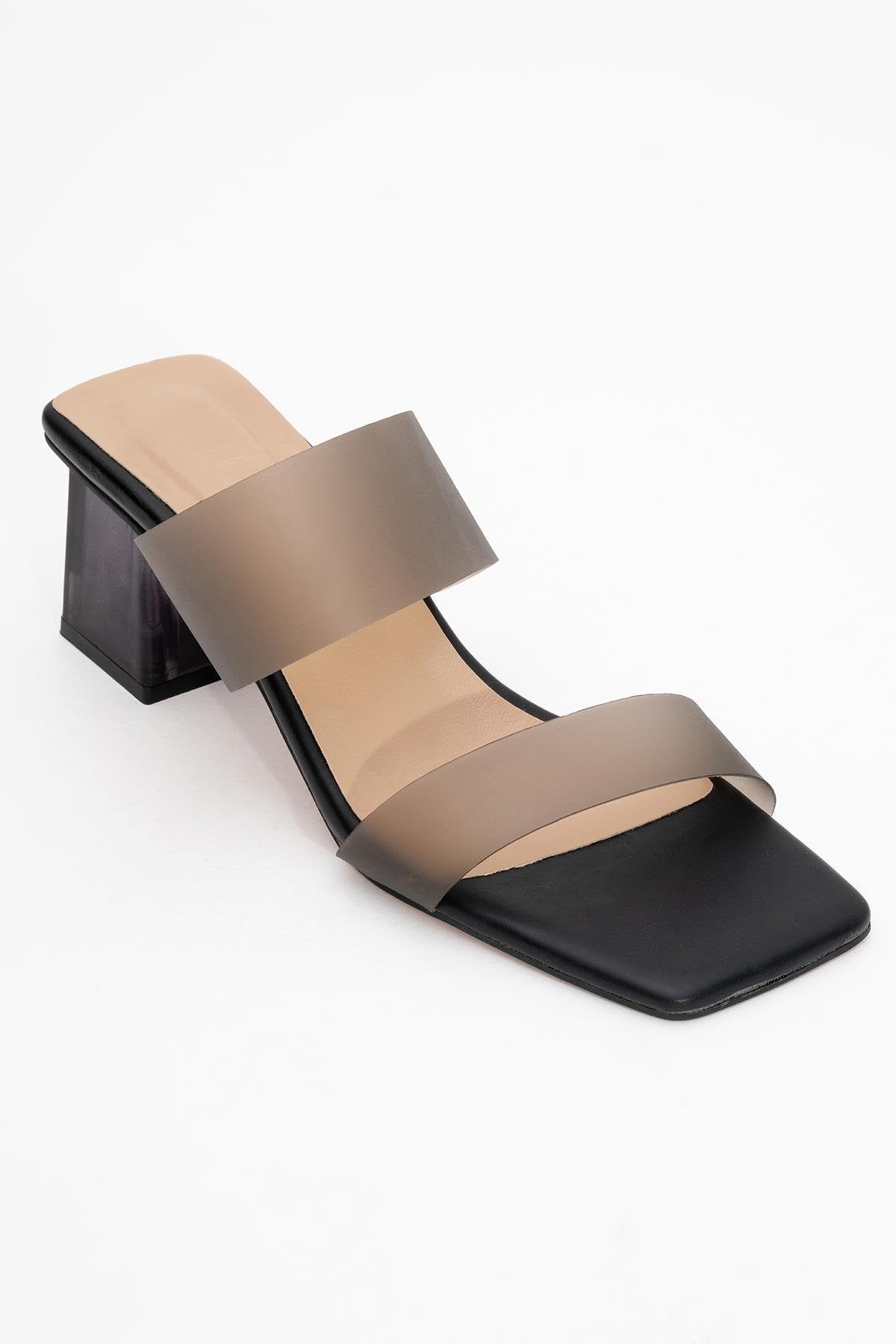 Elara Black Transparent Strap Sandal – detail view showing leather, black, Vowalisse