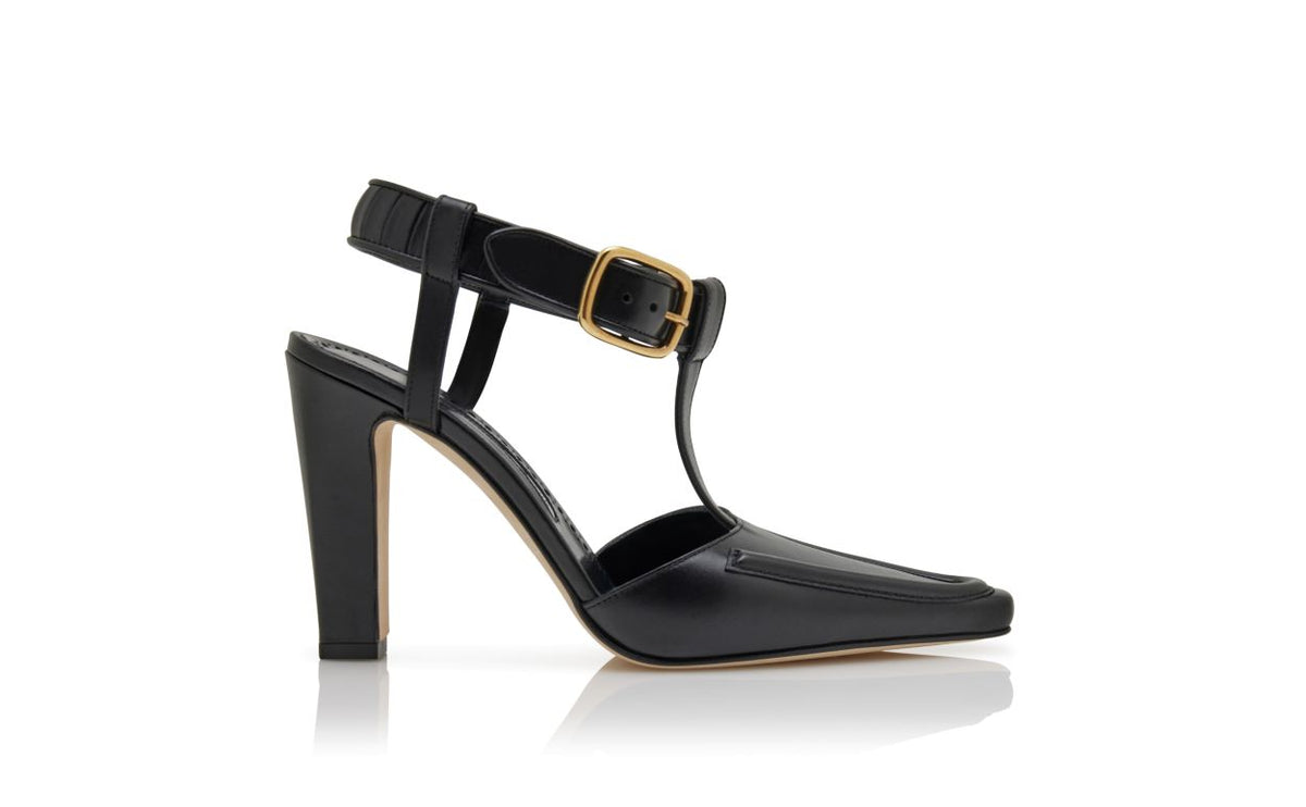 Violetta Star Black Pleat Detail T-Bar Shoes – side profile showing black pleat detail, t-bar, ankle strap, almond toe…