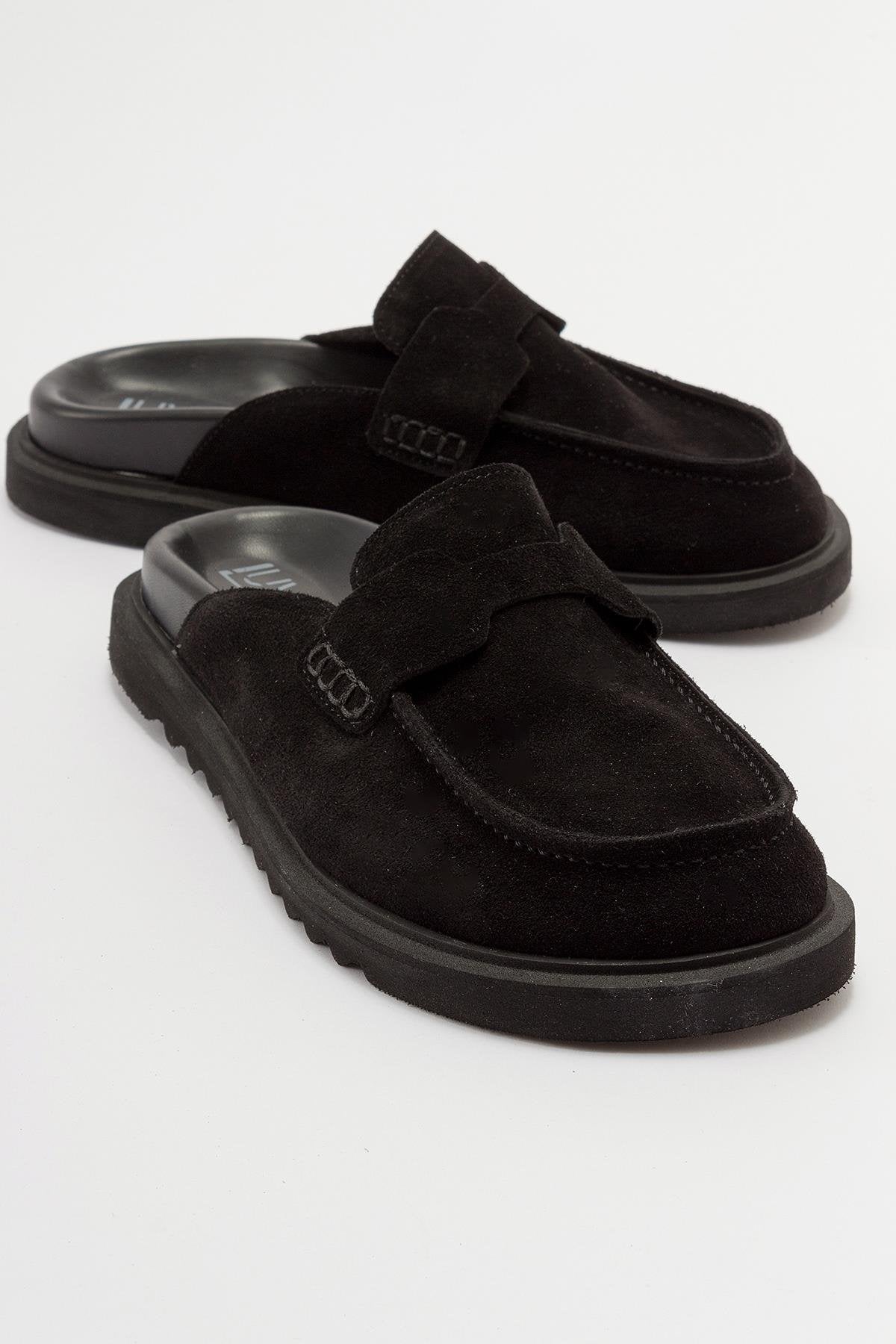 Laven - Black Suede Leather Clogs – front three-quarter view showing leather, suede, black, Vowalisse