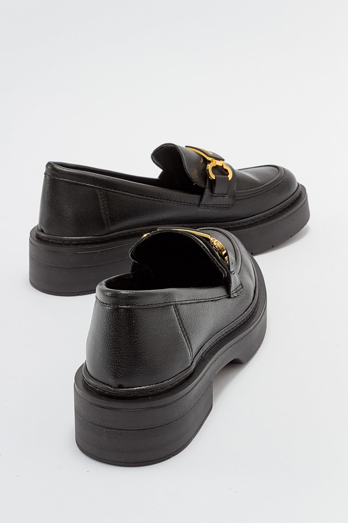 Simone - Black Bit Platform Loafers – heel view showing leather, suede, black, Vowalisse