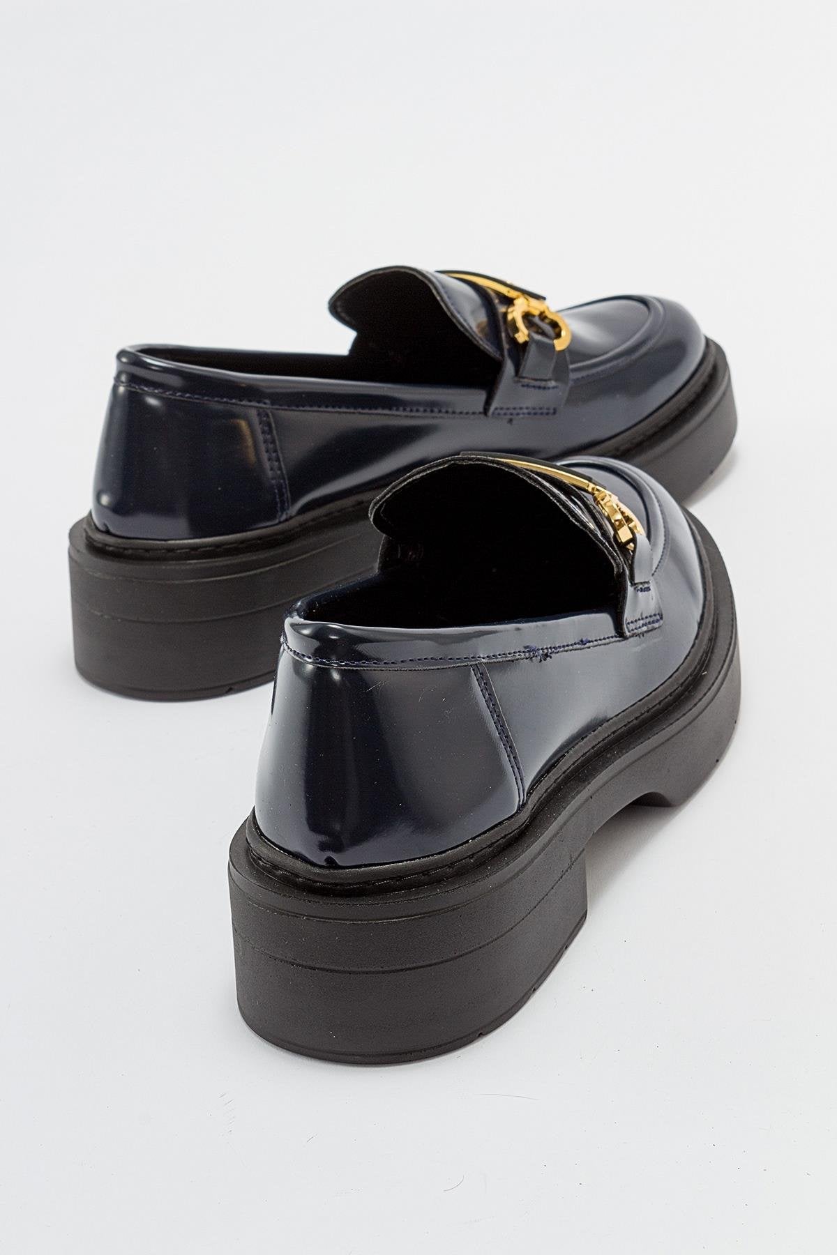 Simone - Navy Patent Bit Platform Loafers – back view showing leather, suede, Vowalisse
