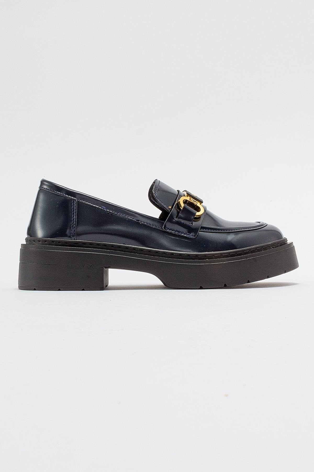Simone - Navy Patent Bit Platform Loafers – sole view showing leather, suede, Vowalisse