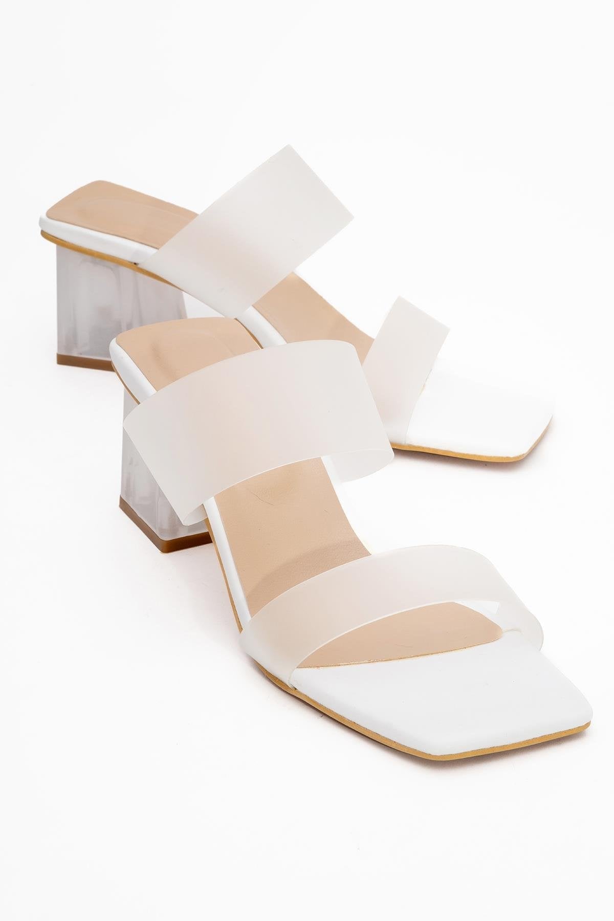 Elara White Transparent Strap Sandal – front three-quarter view showing leather, white, Vowalisse