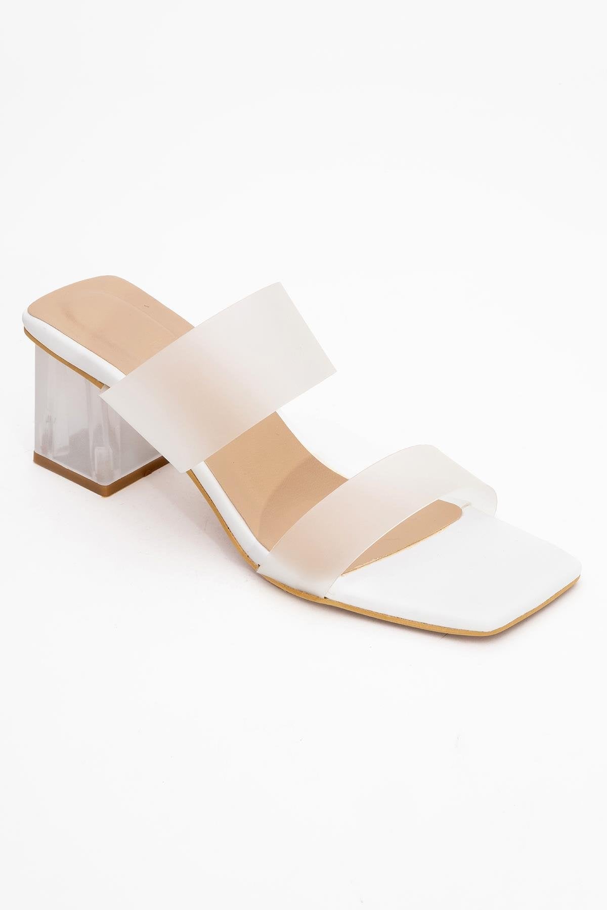 Elara White Transparent Strap Sandal – detail view showing leather, white, Vowalisse