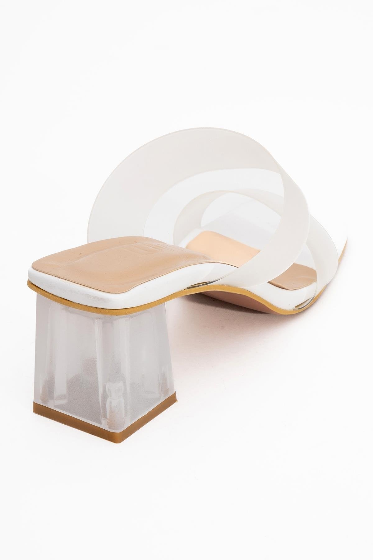 Elara White Transparent Strap Sandal – back view showing leather, white, Vowalisse