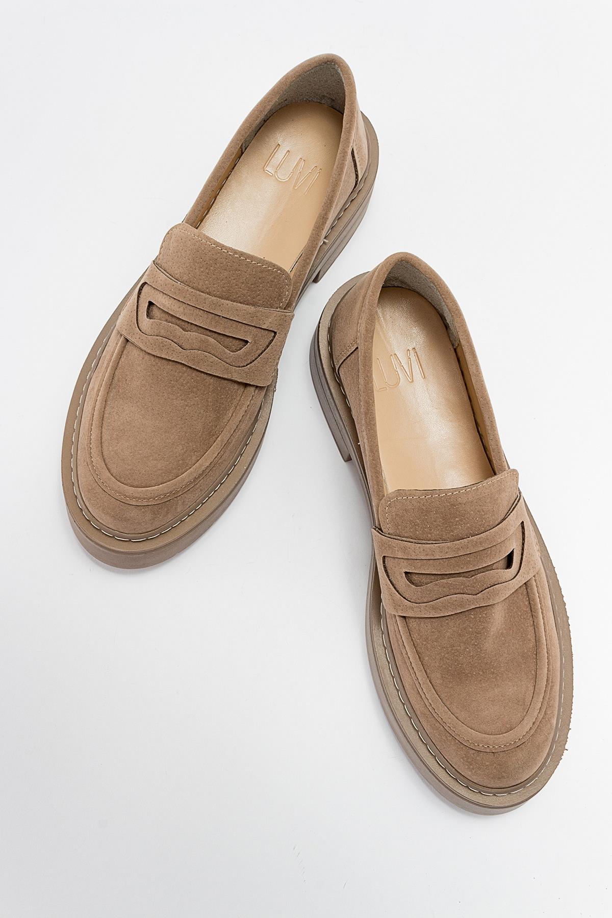 Josie - Beige Suede Loafers – back view showing leather, suede, Vowalisse
