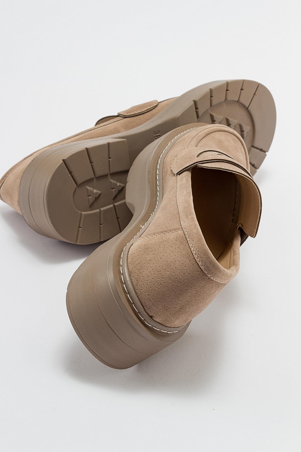 Josie - Beige Suede Loafers – top view showing leather, suede, Vowalisse