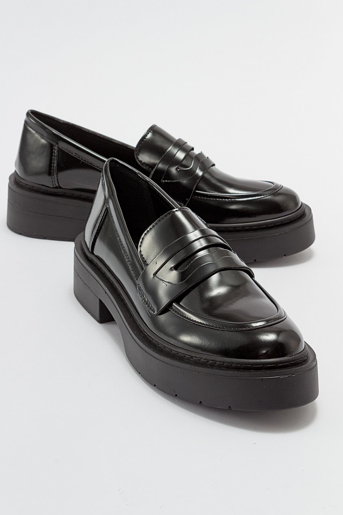 Josie - Black Patent Platform Loafers – front three-quarter view showing leather, suede, black, Vowalisse