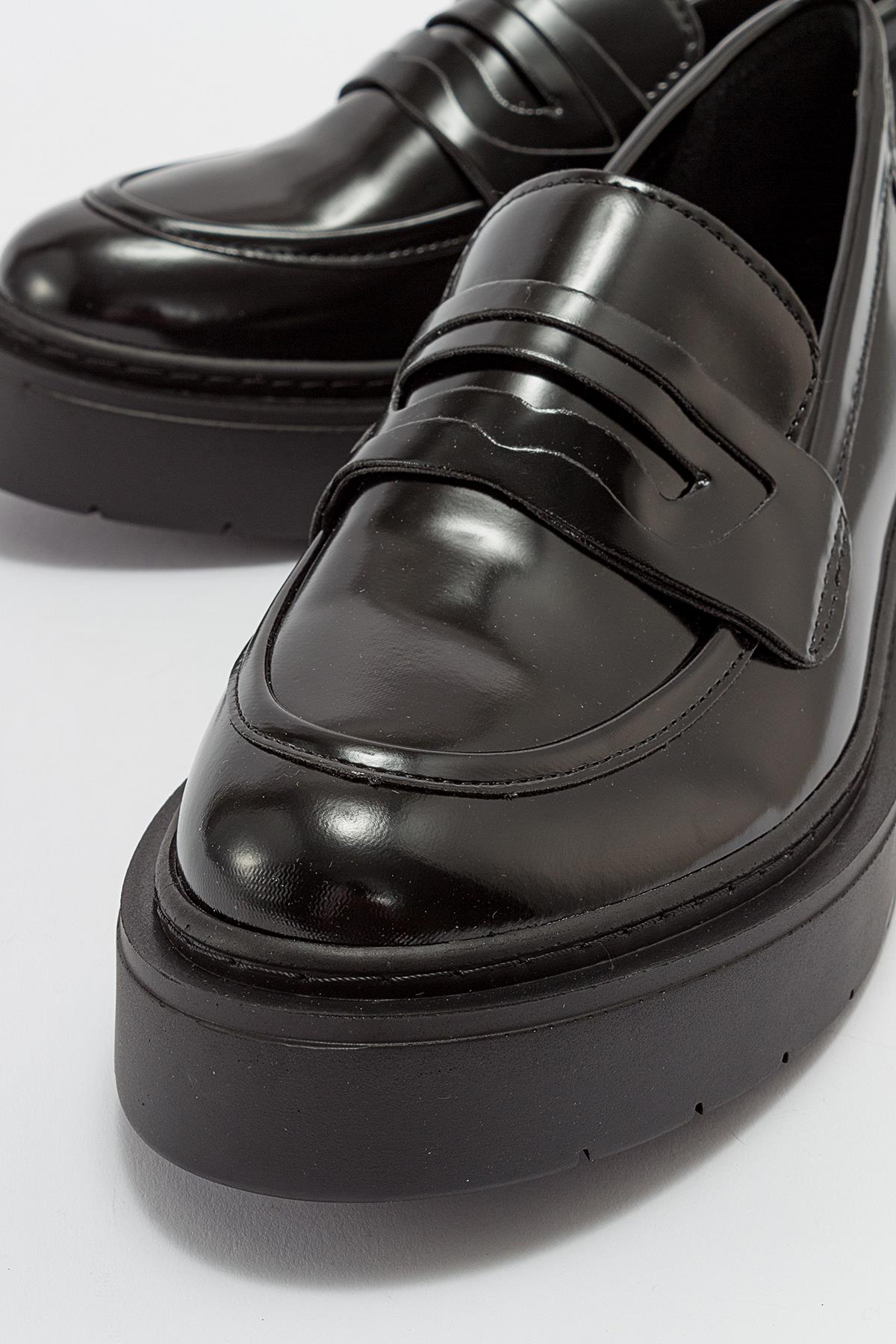 Josie - Black Patent Platform Loafers – side view showing leather, suede, black, Vowalisse