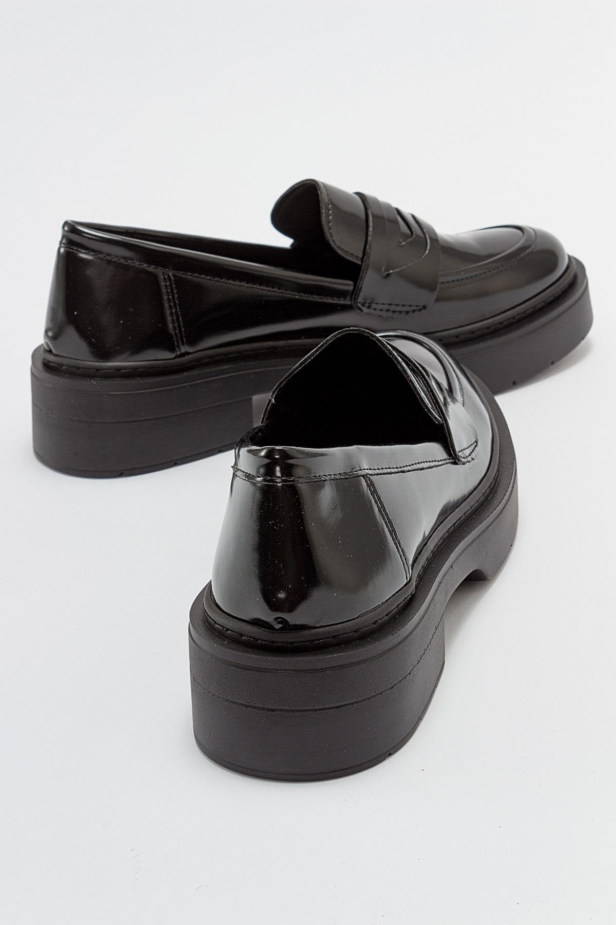 Josie - Black Patent Platform Loafers – detail view showing leather, suede, black, Vowalisse