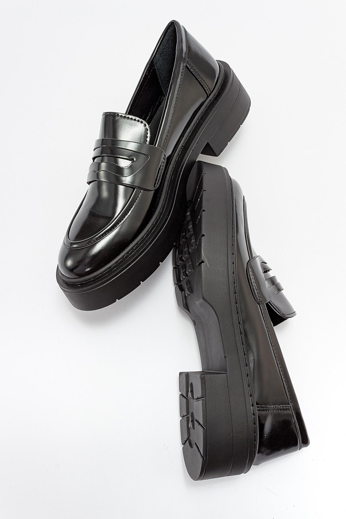 Josie - Black Patent Platform Loafers – back view showing leather, suede, black, Vowalisse