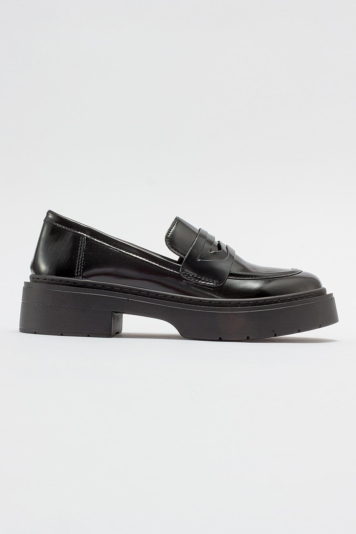 Josie - Black Patent Platform Loafers – top view showing leather, suede, black, Vowalisse
