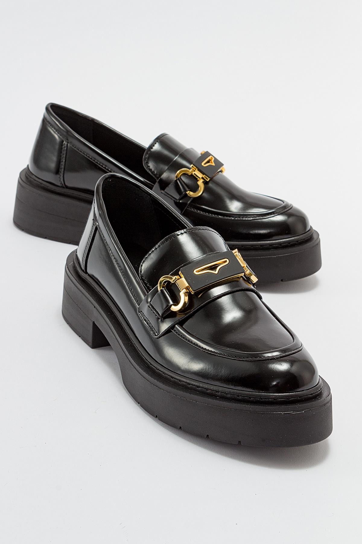 Simone - Black Patent Bit Platform Loafers – front three-quarter view showing leather, suede, black, Vowalisse