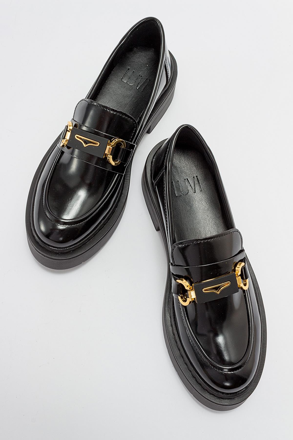 Simone - Black Patent Bit Platform Loafers – side view showing leather, suede, black, Vowalisse
