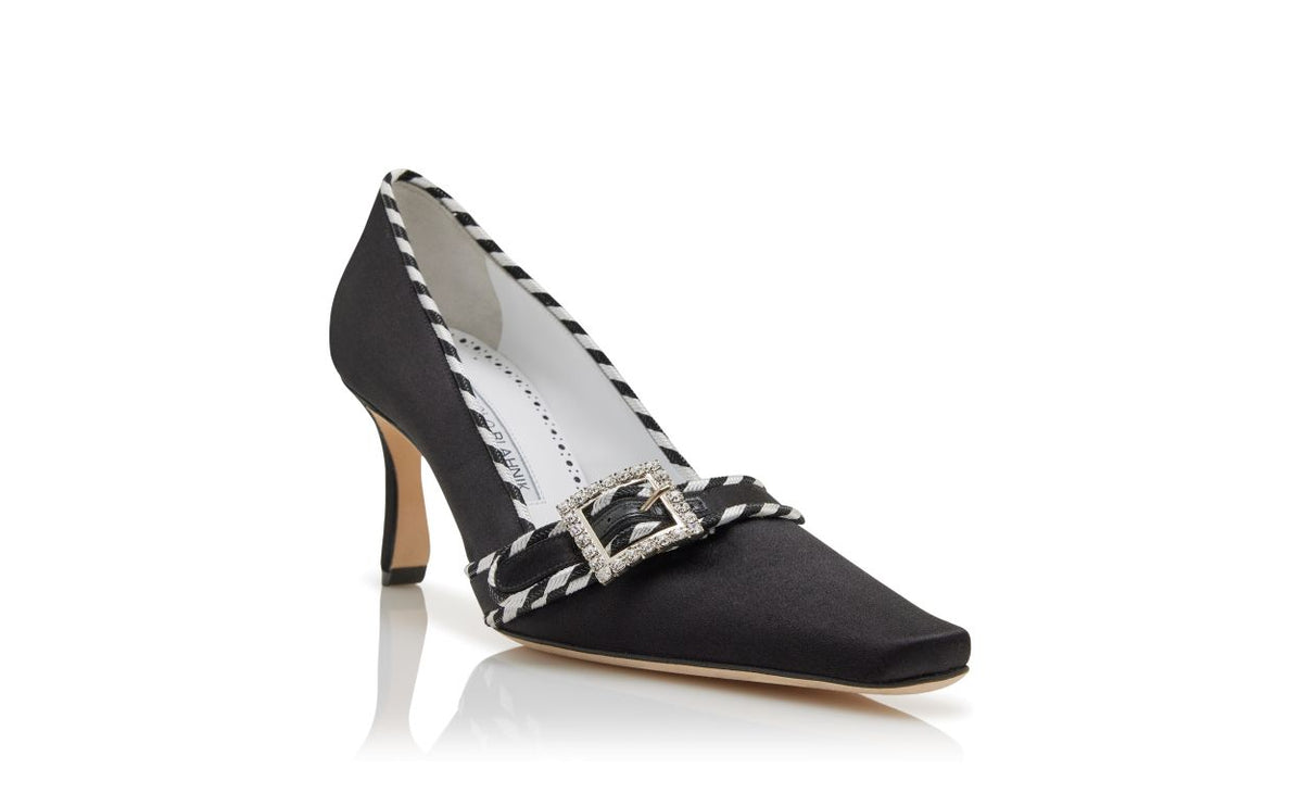 Leonora Pearl Black Crystal Buckle Pumps – top view showing black crystal buckle, crystal embellished, almond toe, satin…