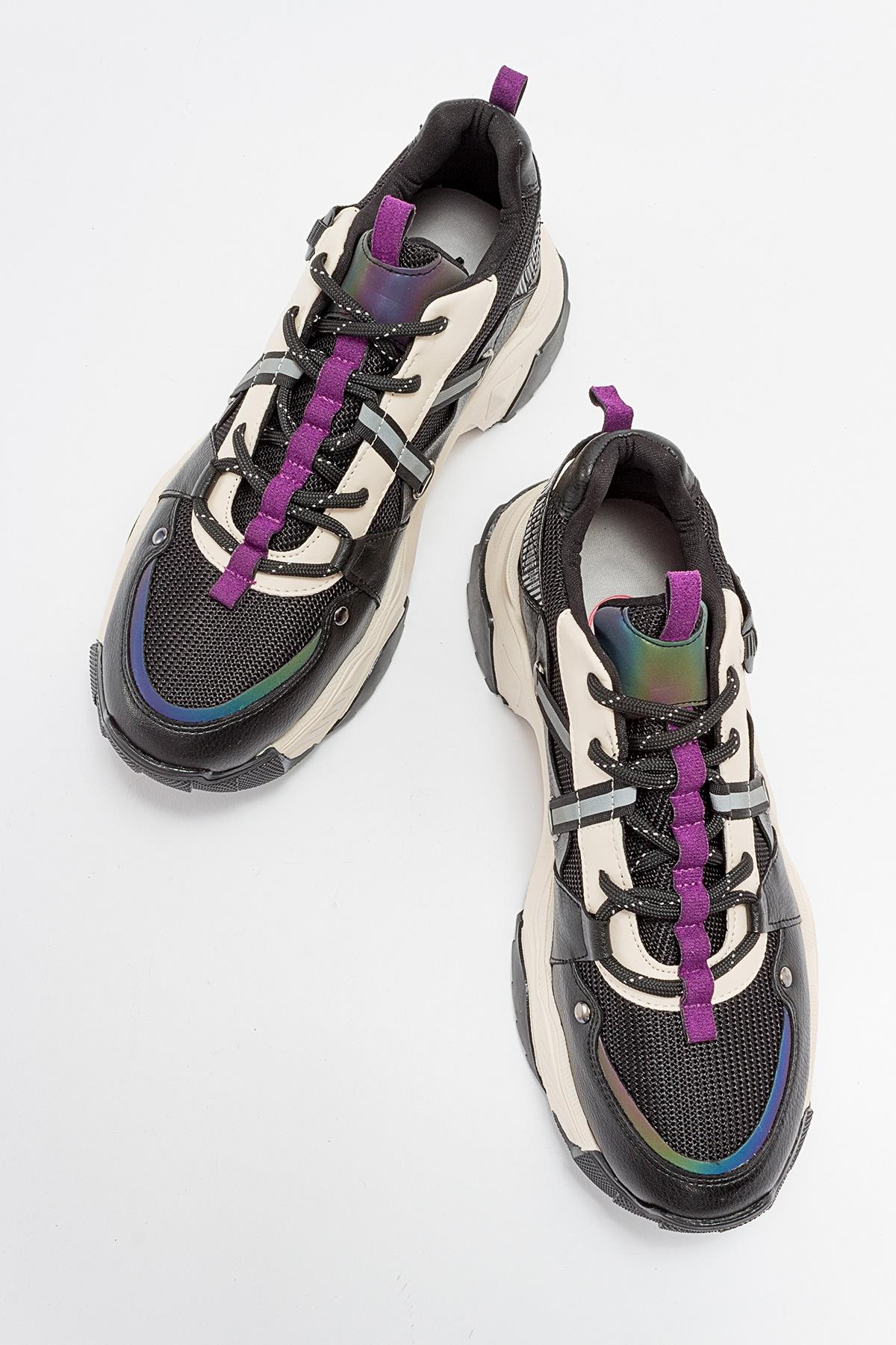 Maggie - Black Purple Sport Sneakers – heel view showing leather, black, Vowalisse