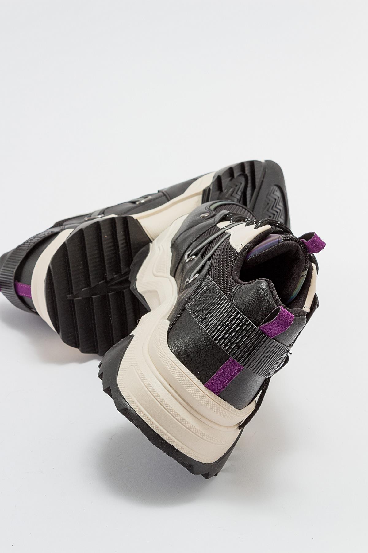 Maggie - Black Purple Sport Sneakers – back view showing leather, black, Vowalisse