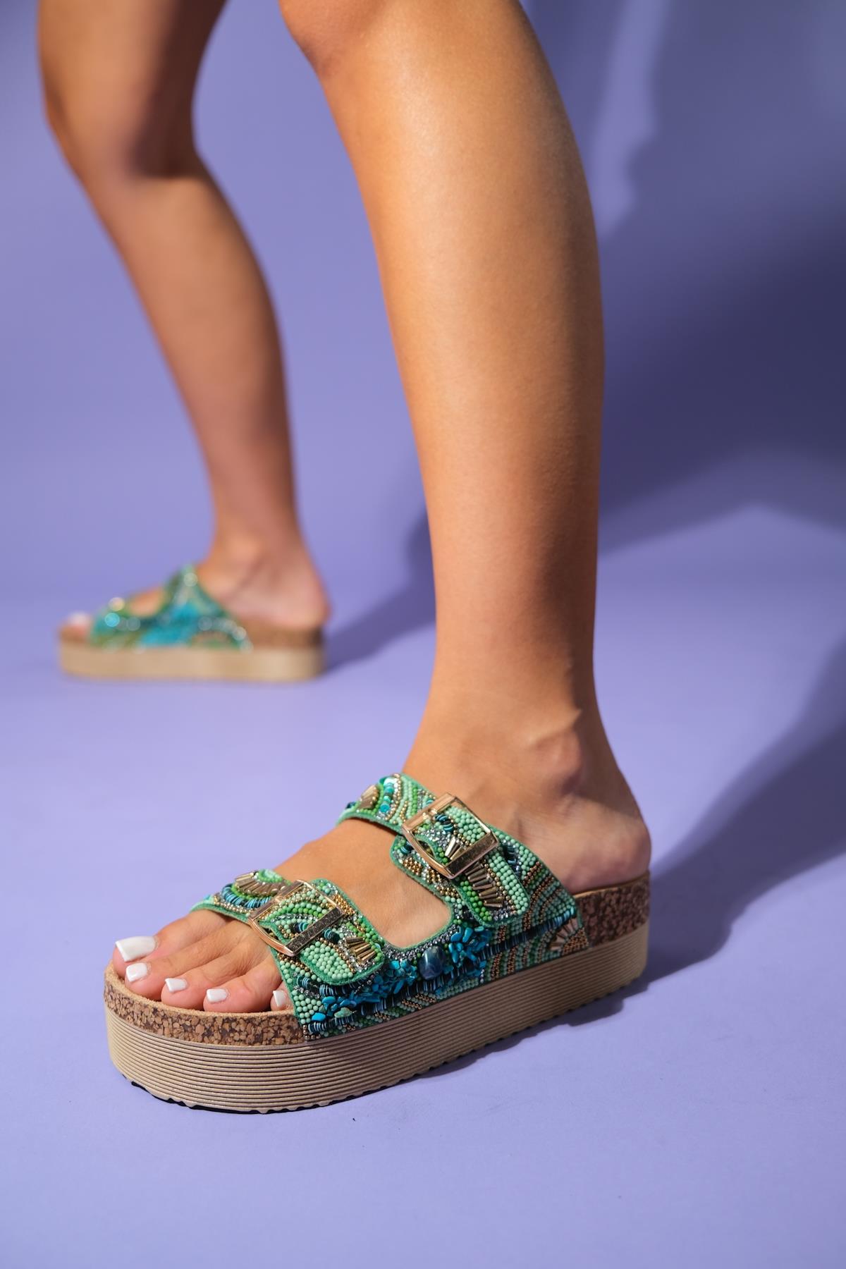Jerry - Green Jeweled Double-Band Platform Sandal – front three-quarter view showing leather, green, Vowalisse
