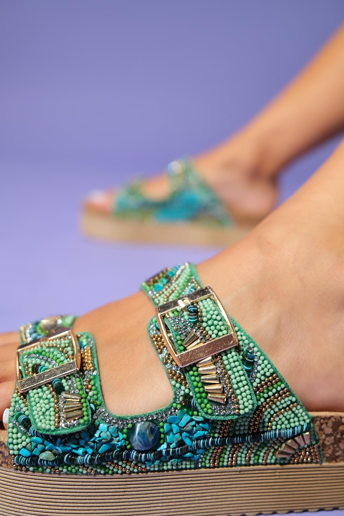 Jerry - Green Jeweled Double-Band Platform Sandal – heel view showing leather, green, Vowalisse
