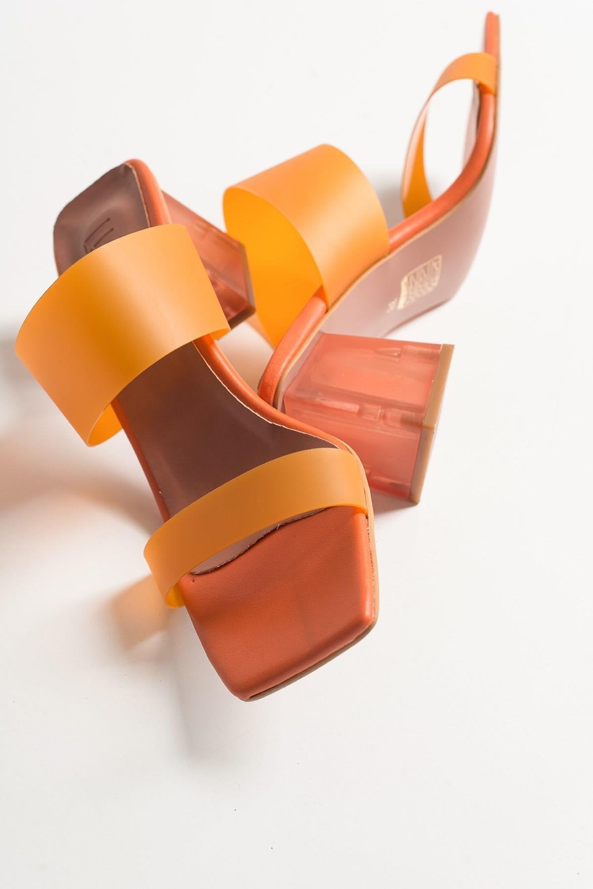 Elara Orange Transparent Strap Sandal – front three-quarter view showing leather, Vowalisse