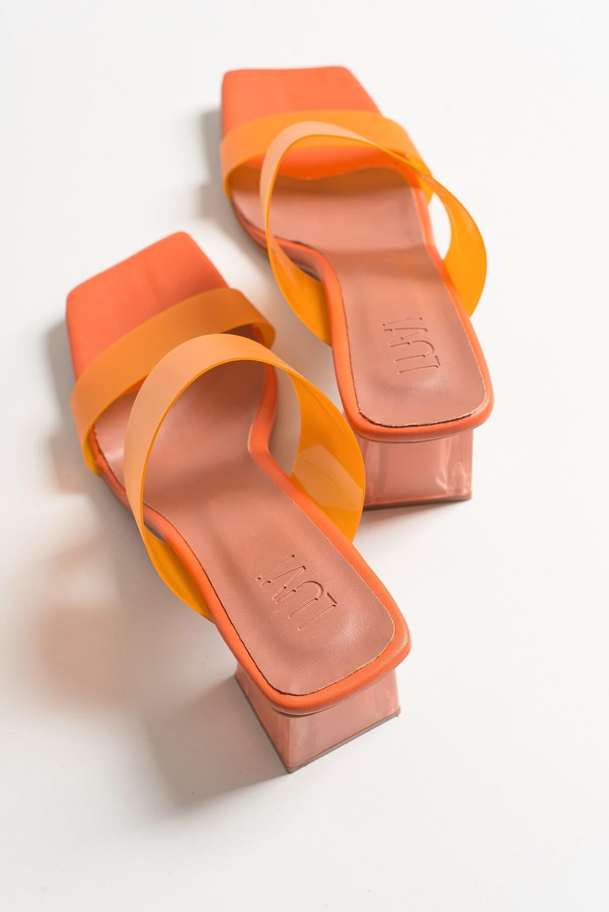 Elara Orange Transparent Strap Sandal – back view showing leather, Vowalisse