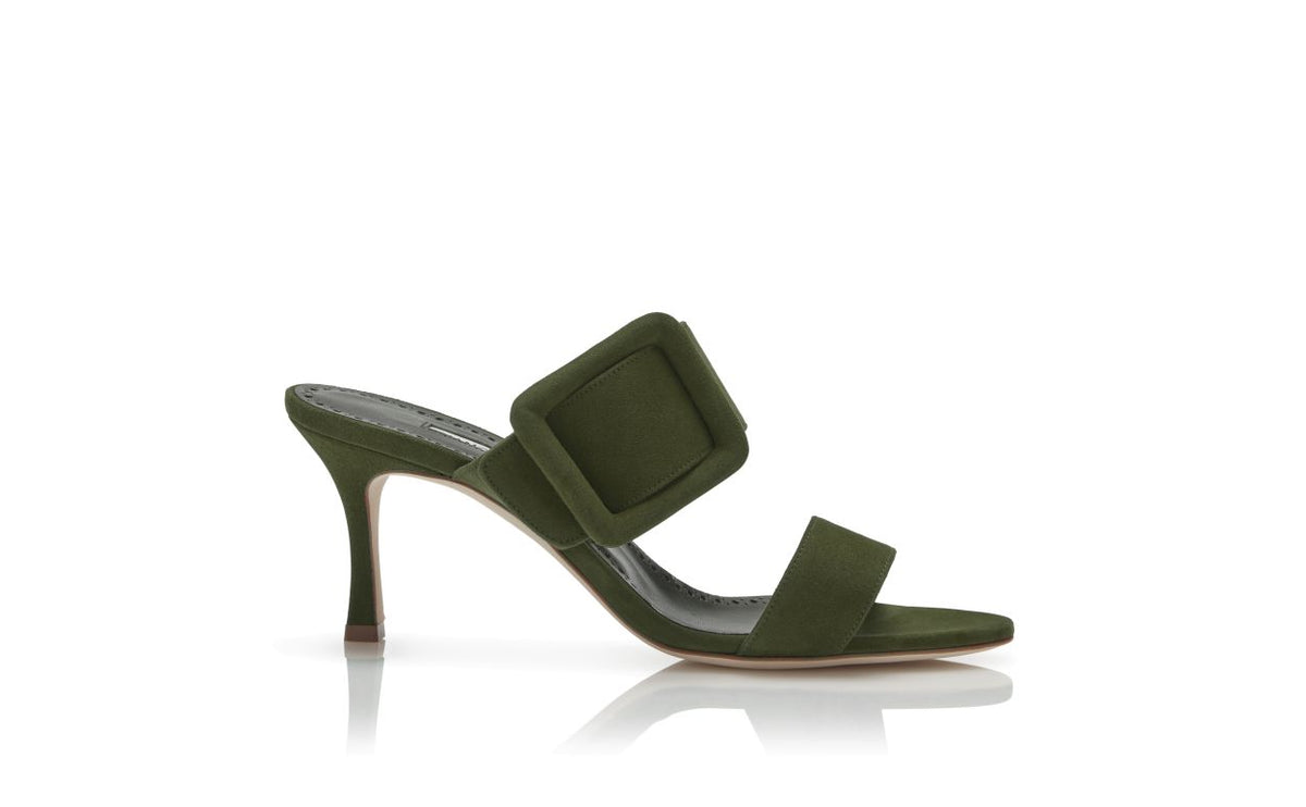 Elara Flame Green Open Toe Mules – side profile showing green open toe, suede, Vowalisse