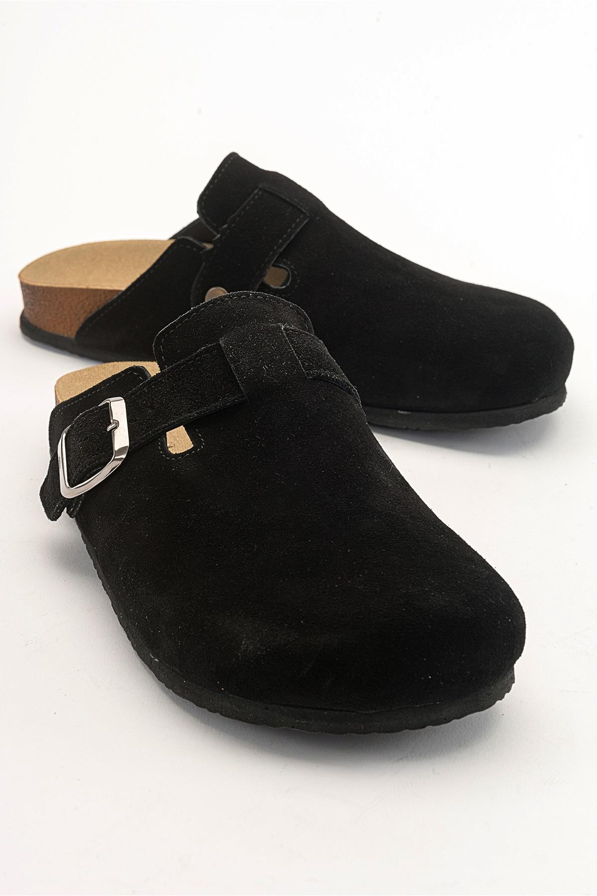 Gons - Black Suede Leather Clogs – front three-quarter view showing leather, suede, black, Vowalisse