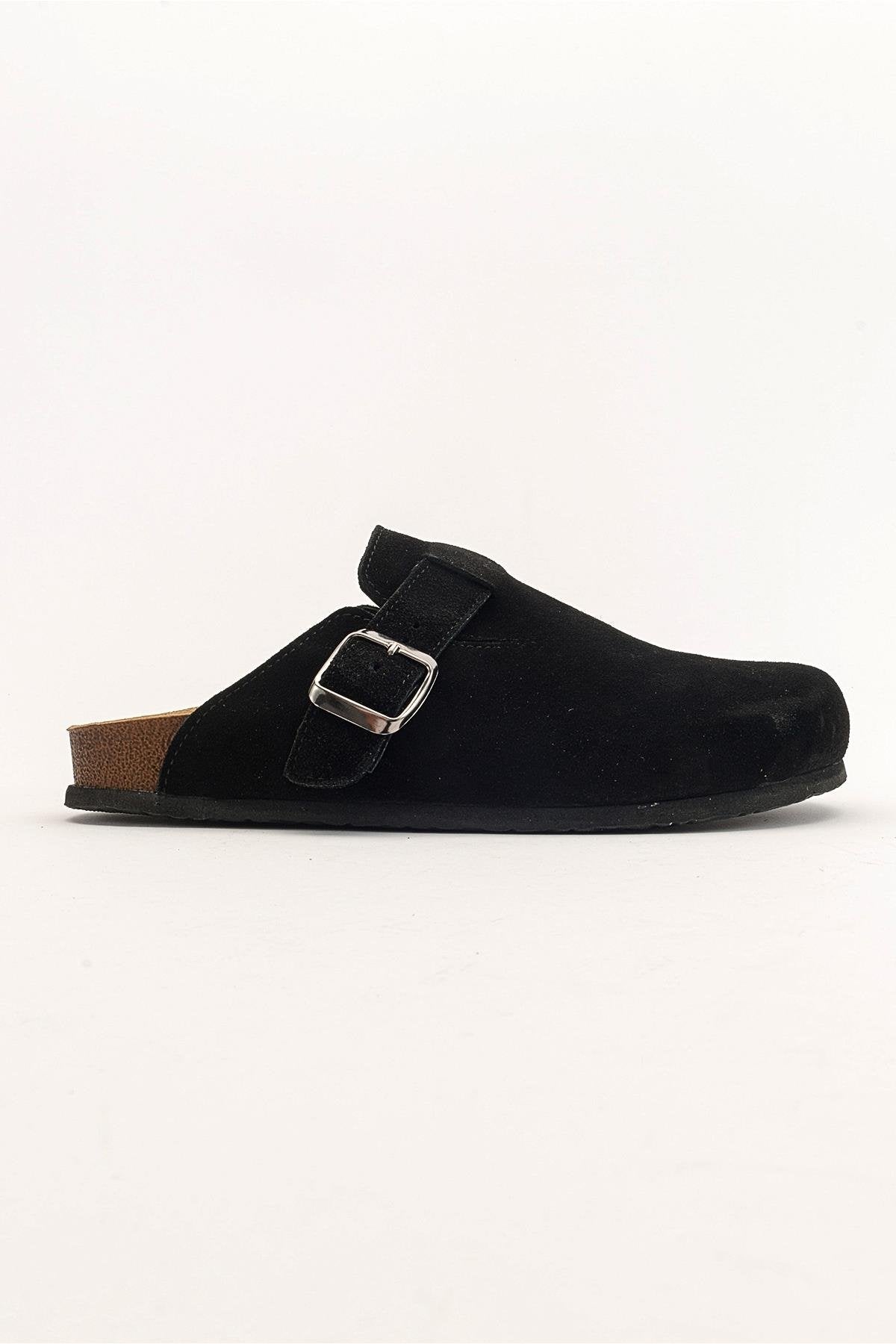 Gons - Black Suede Leather Clogs – top view showing leather, suede, black, Vowalisse
