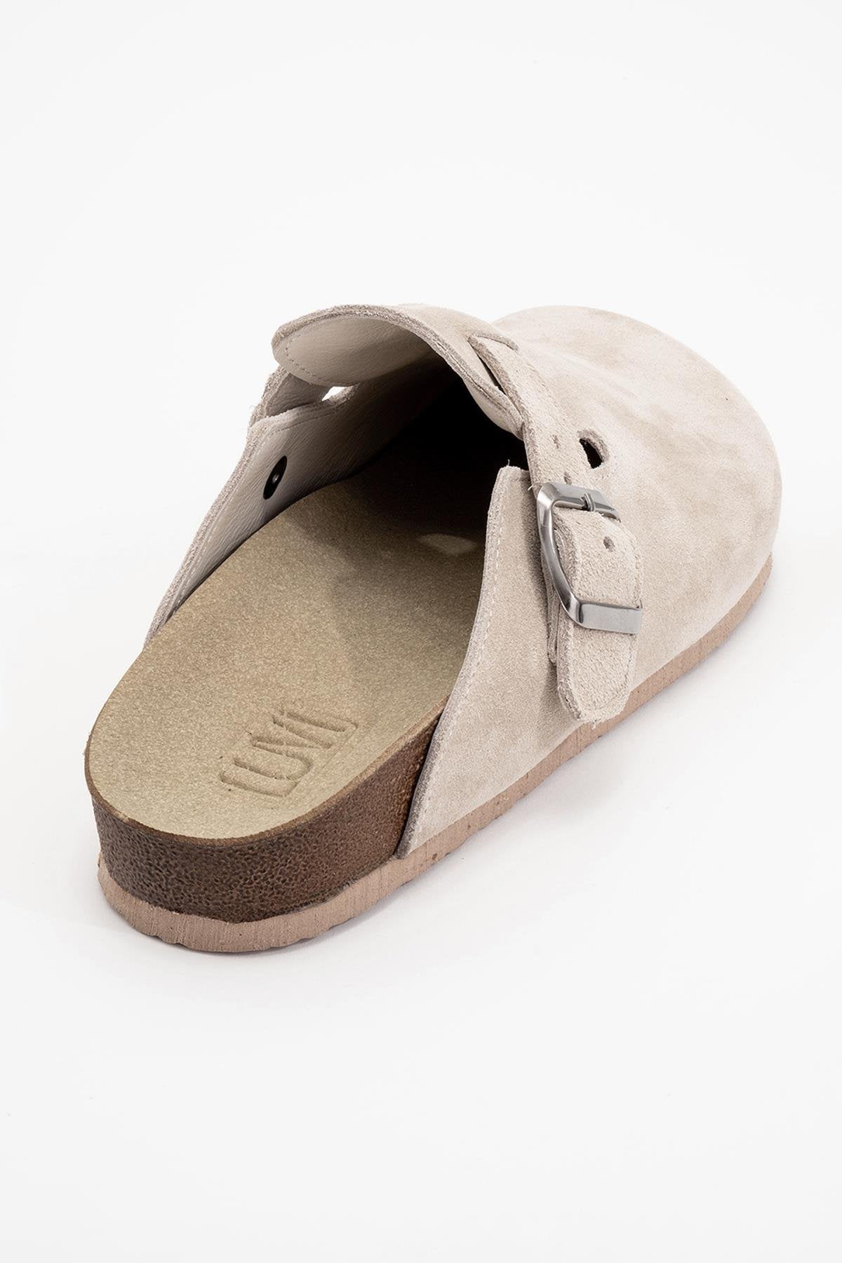 Gons - Beige Suede Leather Clogs – detail view showing leather, suede, red, Vowalisse