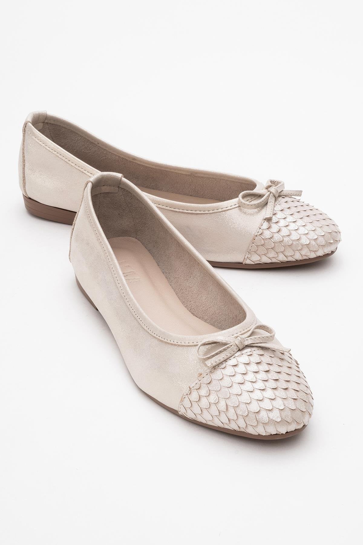 02 - Beige Glitter Genuine Leather Ballet Flat – front three-quarter view showing leather, glitter, Vowalisse