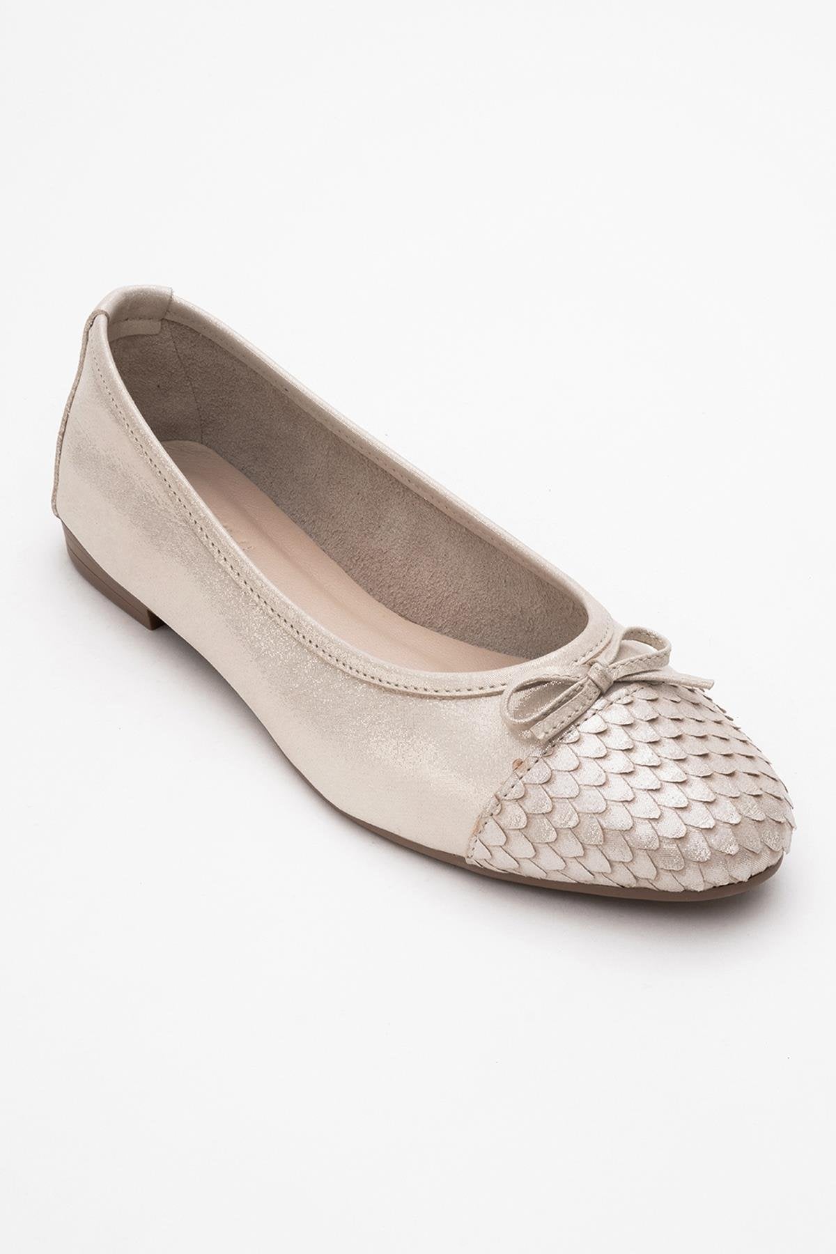 02 - Beige Glitter Genuine Leather Ballet Flat – sole view showing leather, glitter, Vowalisse