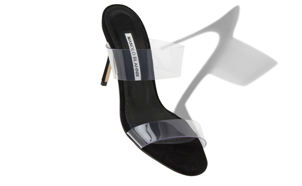Delphine Lace Black Open Toe Mules – front three-quarter view showing black open toe, suede, Vowalisse