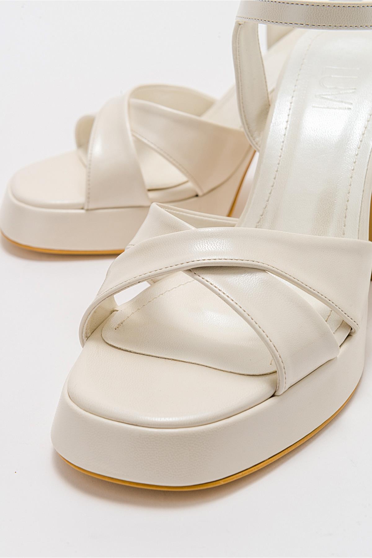 Yvonne - Ivory Platform Sandals – heel view showing leather, ivory, red, Vowalisse