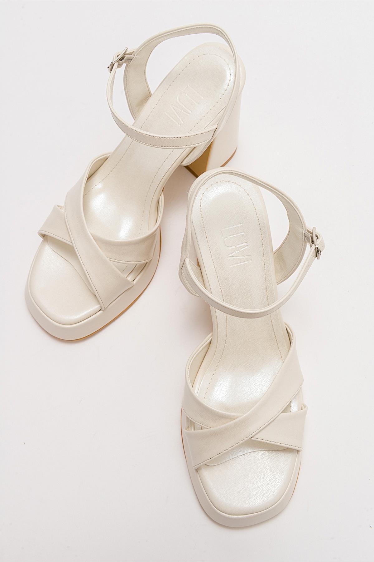 Yvonne - Ivory Platform Sandals – back view showing leather, ivory, red, Vowalisse