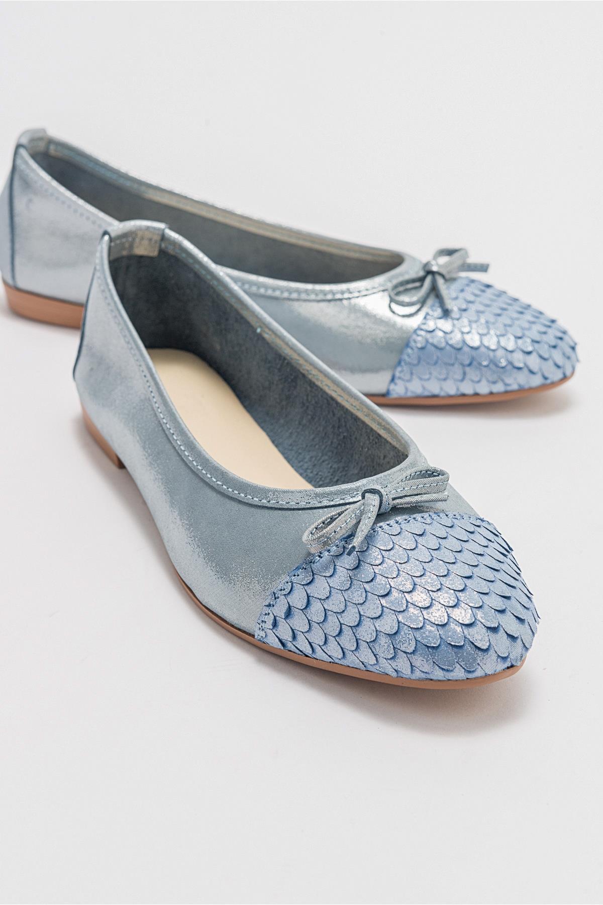 02 - Blue Glitter Genuine Leather Ballet Flat – front three-quarter view showing leather, glitter, blue, Vowalisse