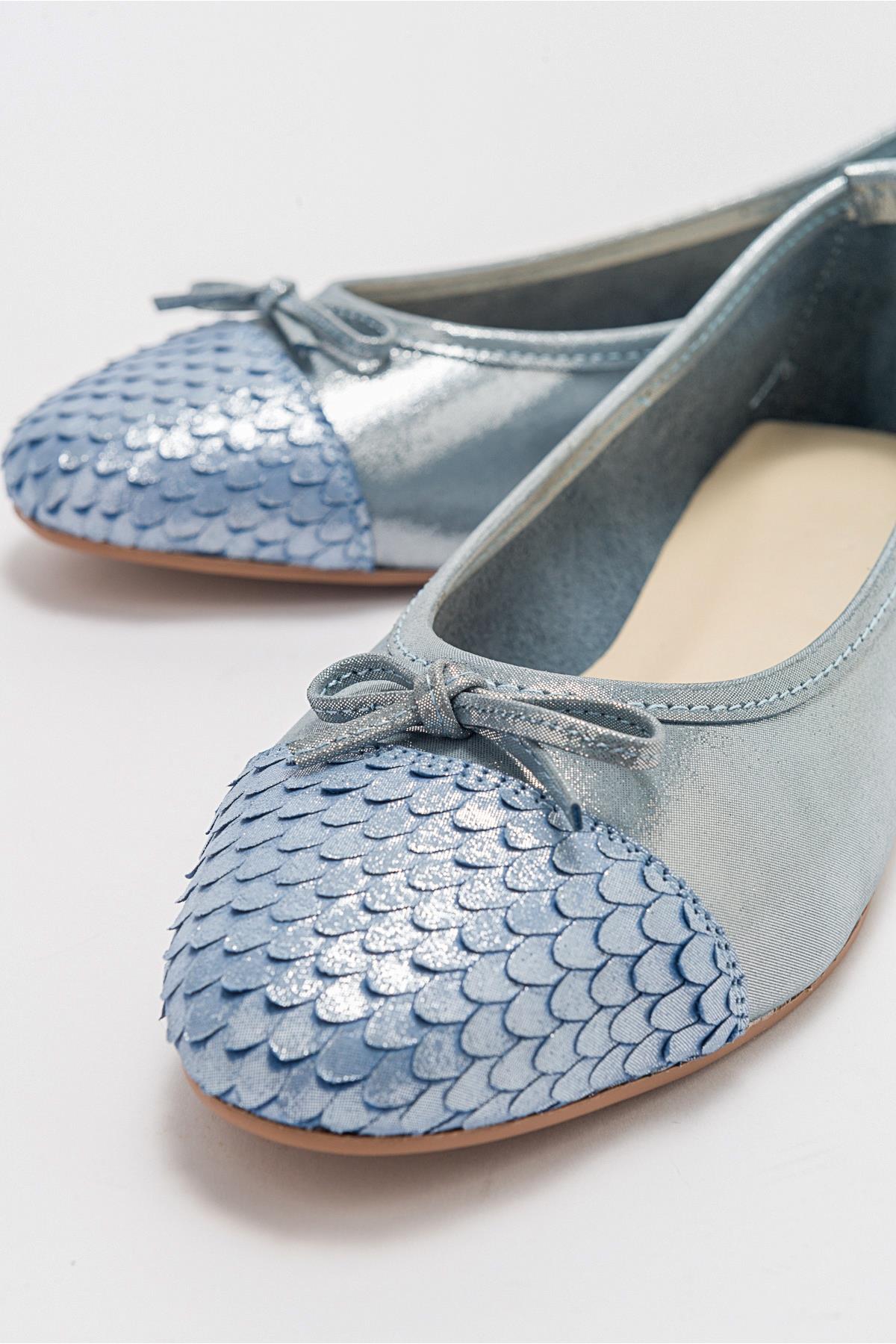 02 - Blue Glitter Genuine Leather Ballet Flat – detail view showing leather, glitter, blue, Vowalisse