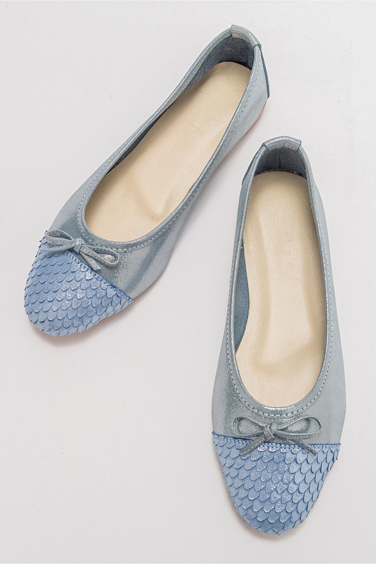 02 - Blue Glitter Genuine Leather Ballet Flat – heel view showing leather, glitter, blue, Vowalisse