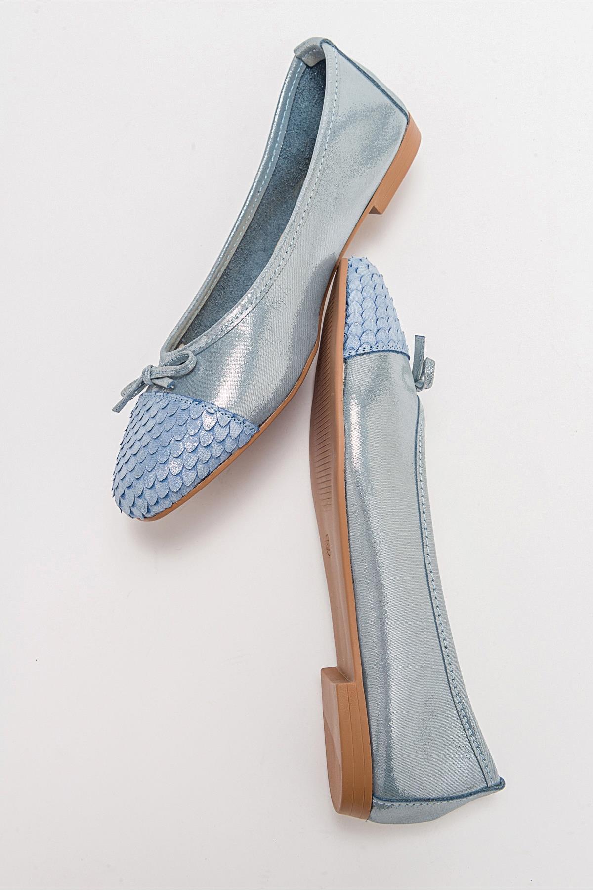 02 - Blue Glitter Genuine Leather Ballet Flat – pair view showing leather, glitter, blue, Vowalisse