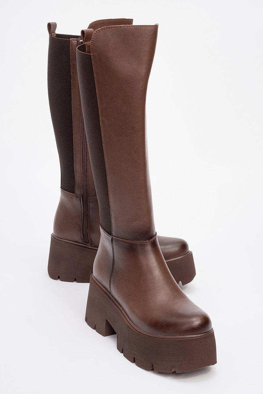 Solo - Brown Elastic Platform Heel Boot