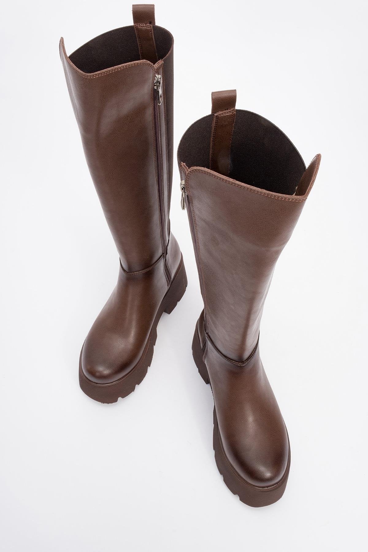 Solo - Brown Elastic Platform Heel Boot – side view showing leather, Vowalisse