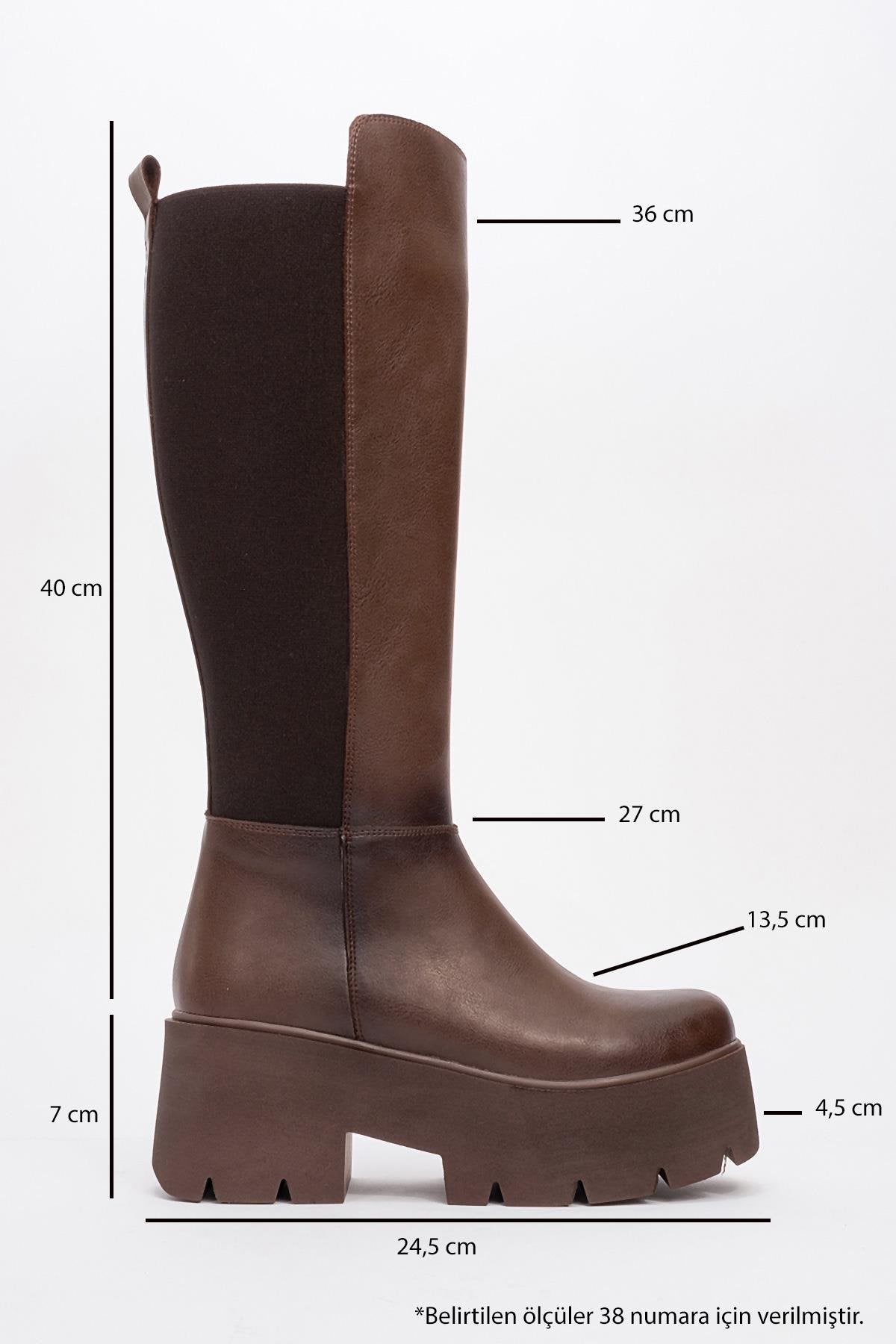 Solo - Brown Elastic Platform Heel Boot – heel view showing leather, Vowalisse