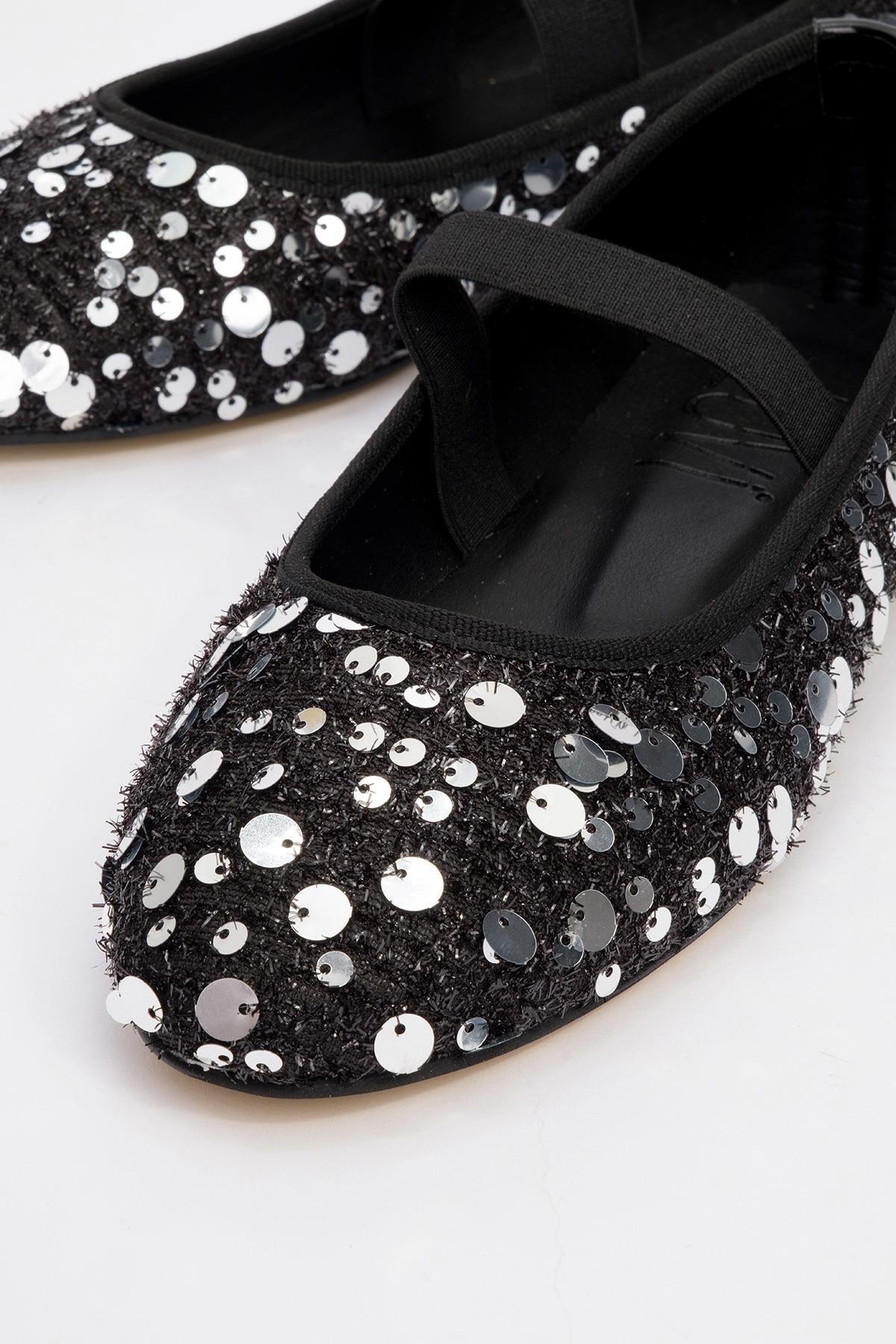 Grego Silver Sequin Embellished Flat – detail view showing leather, sequin, silver, Vowalisse