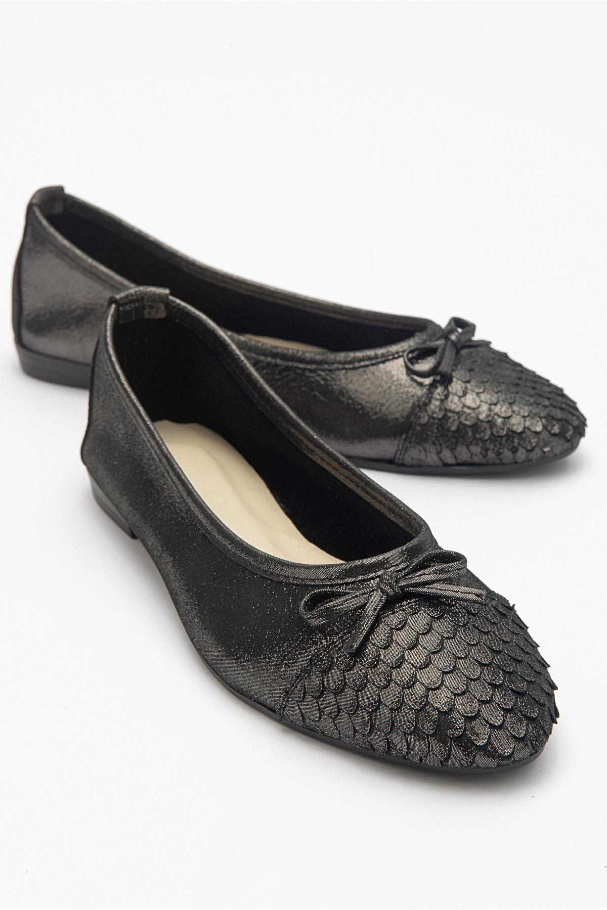 02 - Black Glitter Genuine Leather Ballet Flat – front three-quarter view showing leather, glitter, black, Vowalisse