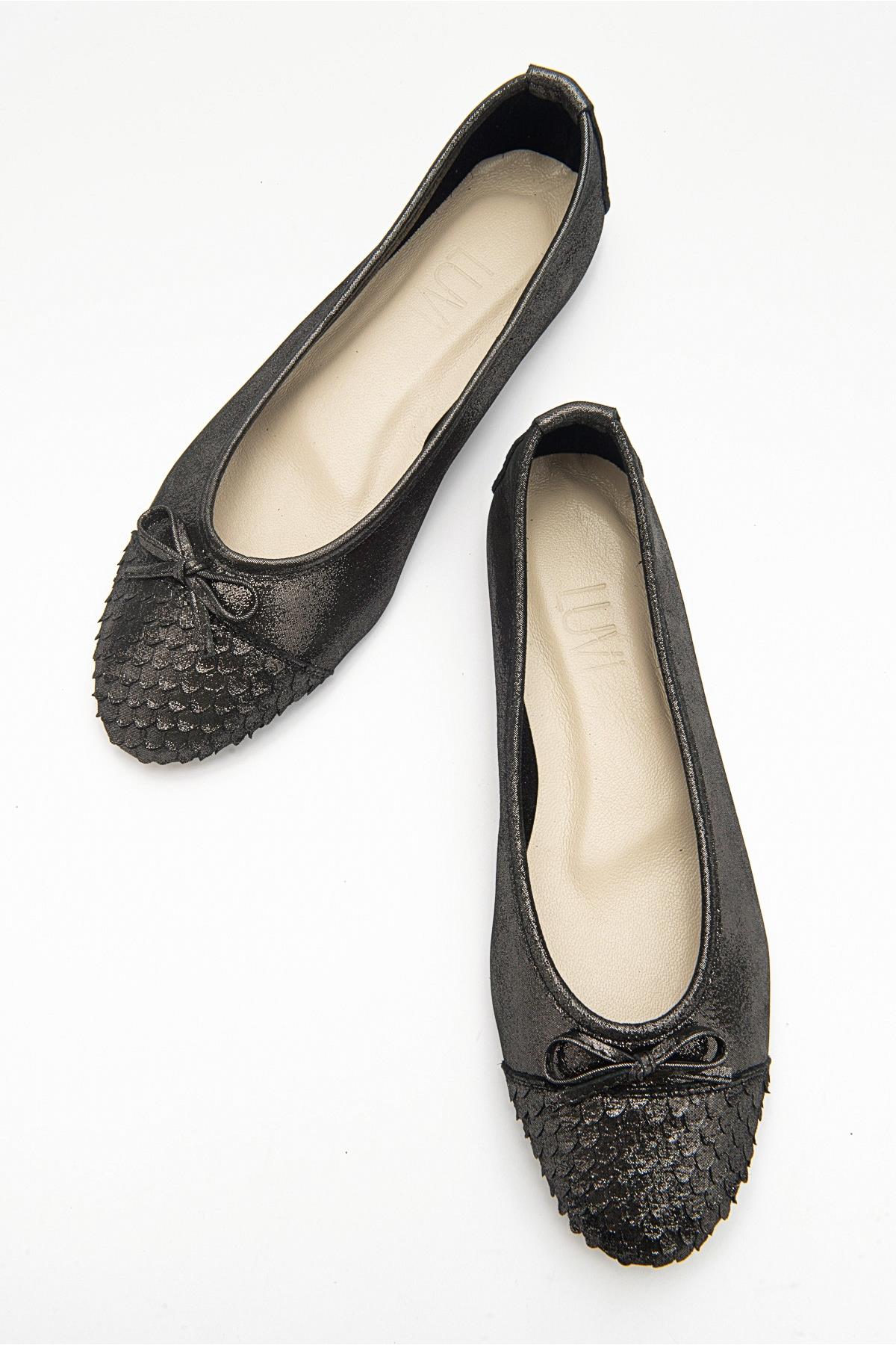 02 - Black Glitter Genuine Leather Ballet Flat – side view showing leather, glitter, black, Vowalisse